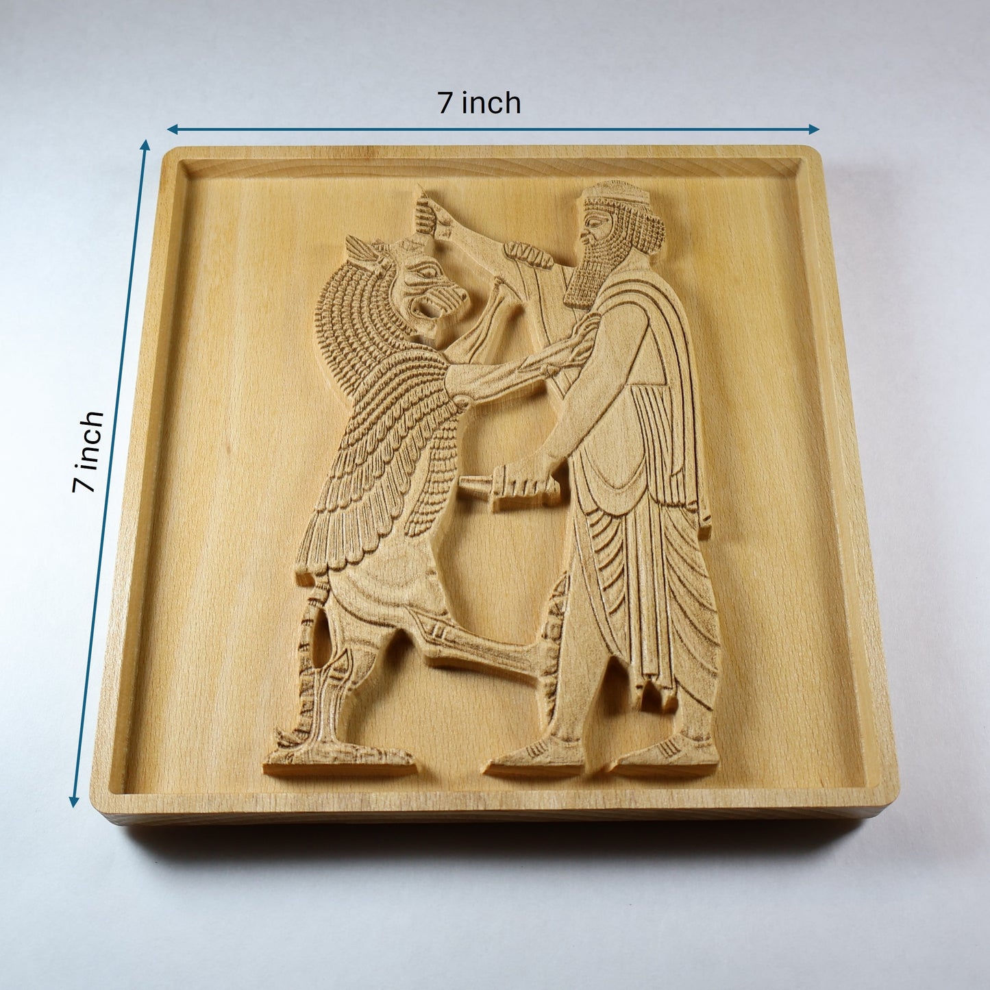 Shahriar and the Lion wood relief with 7 inch width and height markers, showing the Persian figure, rearing lion, carved weapon details, and natural beech wood finish.
