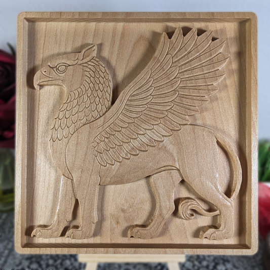 Shirdal Winged Lion Wood Relief, Ancient Guardian Symbol Carved in Solid Beech Wood