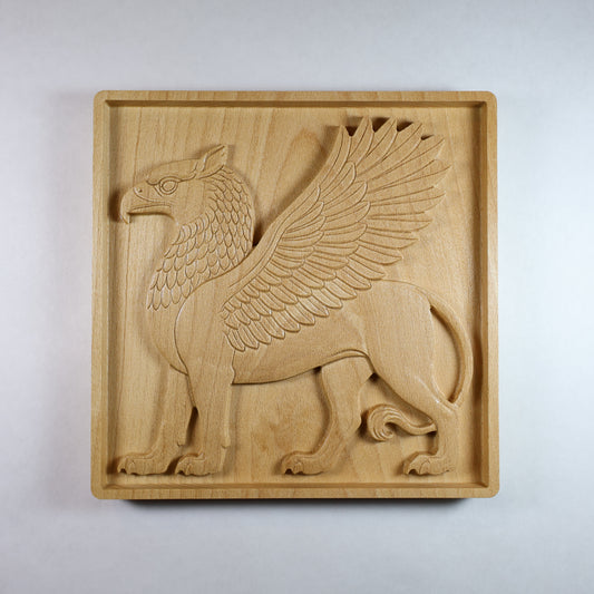 Shirdal Griffin Wood Relief, Persian Winged Lion, Ancient Guardian Art
