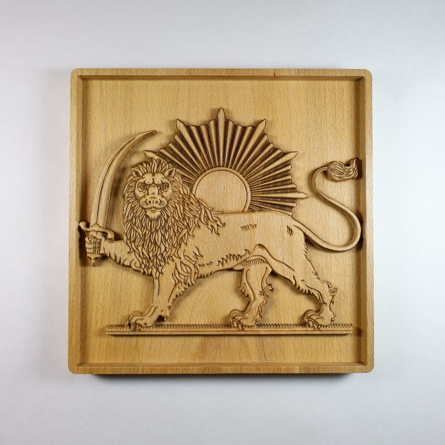 Hand-carved beech wood relief of the Lion and Sun (Shir va Khorshid), Persian imperial symbol, CNC-carved and laser-detailed wall art, 3D wood wall decor