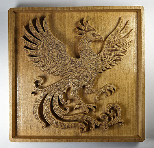 Wooden wall art of mythical Persian bird Simurgh.