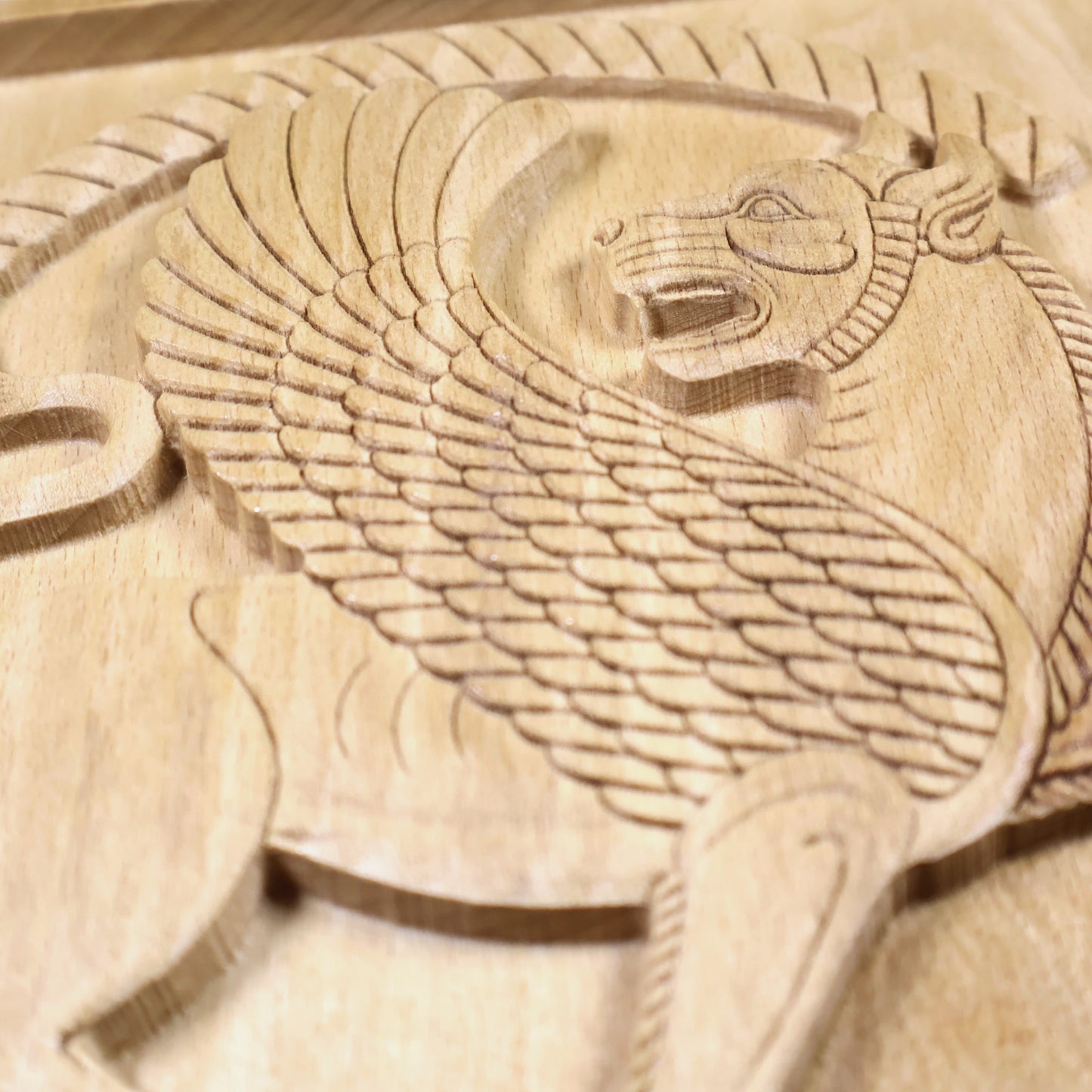 Close-up of a Shirdal inspired winged lion wood relief showing layered feathers, lion body, curved tail, round border, and natural wood grain.