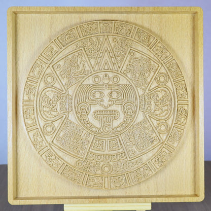 Aztec Sun Stone Wood Relief, Tonatiuh Medallion Wall Art, Carved Decor