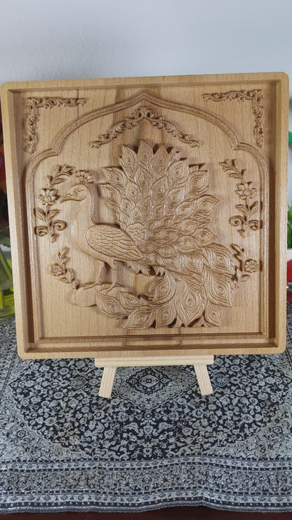 Persian Peacock 3D Wooden Wall Art – Handmade Beech Relief with Floral Frame Design – Made in USA