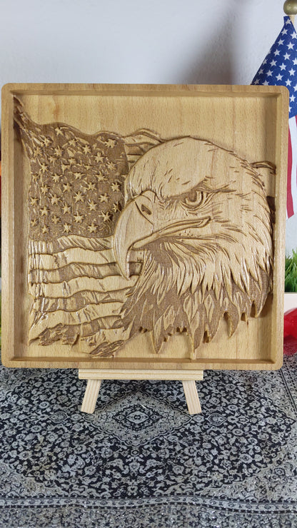 American Eagle Wall Art – 3D Wood Carving – Patriotic Decor – Veteran Gift – Made in USA