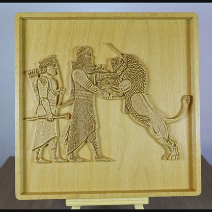 Assyrian Lion Hunt Wood Relief, Mesopotamian King and Lion Wall Art