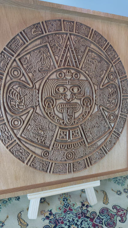 Aztec Sun Stone Wood Relief, Tonatiuh Medallion Wall Art, Carved Decor