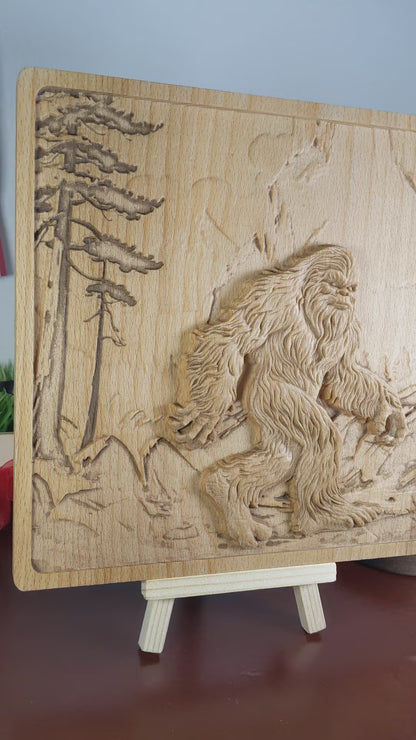 Bigfoot 3D Wood Wall Art – Rustic Beech Relief – Nature Decor – Made in USA – Personalized