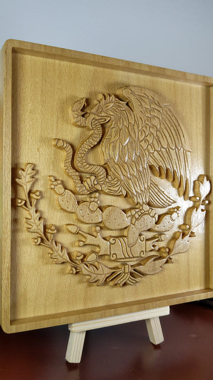 Mexican Coat of Arms 3D Wall Art – Engraved Wood Carving – Heritage Home Decor – Made in USA – Personalized Gift