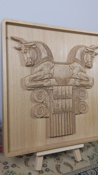 Achaemenid Double Bull Capital Wood Relief, Persepolis Persian Wall Art