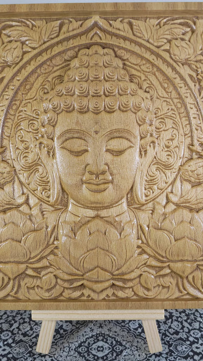 Buddha Face Lotus Wood Relief, Zen Floral Wall Art