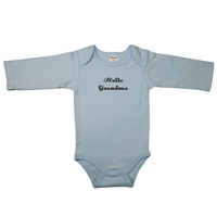 Light blue long sleeve onesie with "Hello Grandma" on front