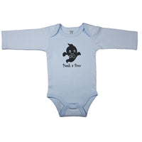 Baby blue newborn bodysuit with the text “Peek A Boo” and cute ghost image. Long sleeve infant bodysuit for baby's first Halloween.