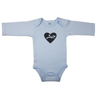 Baby blue newborn bodysuit with Persian calligraphy inside a heart. Long sleeve infant bodysuit with “Dear” in Farsi.