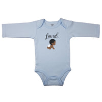 Baby blue baby bodysuit with "Loved." in cursive and a drawing of a cute curly haired baby in diapers. Baby blue long-sleeve baby bodysuit with adorable baby design and the word "Loved." in a cursive font.