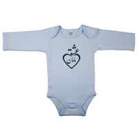 Baby blue newborn bodysuit with Persian calligraphy combined with heart outline. Long sleeve baby clothes with the script “Loved by Mom” in Farsi.