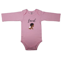 Pink baby bodysuit with "Loved." in cursive and a drawing of a cute curly haired baby in diapers. Pink long-sleeve baby bodysuit with adorable baby design and the word "Loved." in a cursive font.