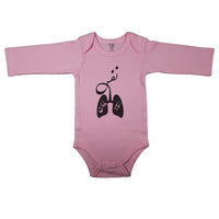 Pink newborn bodysuit with Persian calligraphy combined with lung icon to represent “Dad and Mom’s Breath”. Long sleeve baby clothes with the script “Dad and Mom’s Breath” in Farsi.