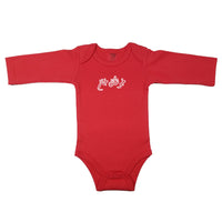 Red baby bodysuit with white outline of Persian calligraphy. Pretty lady or Beautiful lady in Farsi on red long sleeve baby bodysuit. Perfect gift for a baby girl's baby shower.