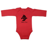 Red newborn bodysuit with the text “Peek A Boo” and cute ghost image. Long sleeve infant bodysuit for baby's first Halloween