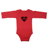 Red newborn bodysuit with Persian calligraphy inside a heart. Long sleeve infant bodysuit with “Dear” in Farsi.