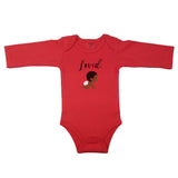 Red baby bodysuit with "Loved." in cursive and a drawing of a cute curly haired baby in diapers. Red long-sleeve baby bodysuit with adorable baby design and the word "Loved." in a cursive font.