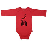 Red newborn bodysuit with Persian calligraphy combined with lung icon to represent “Dad and Mom’s Breath”. Long sleeve baby clothes with the script “Dad and Mom’s Breath” in Farsi.