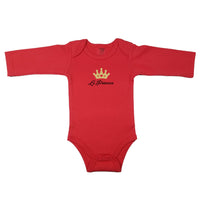 Spanish baby bodysuit with golden princess crown. Red baby girl clothes with the words "La Princesa". Red long sleeve baby bodysuit with the words "The Princess" in Spanish.