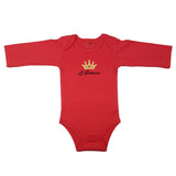 Spanish baby bodysuit with golden princess crown. Red baby girl clothes with the words "La Princesa". Red long sleeve baby bodysuit with the words "The Princess" in Spanish.