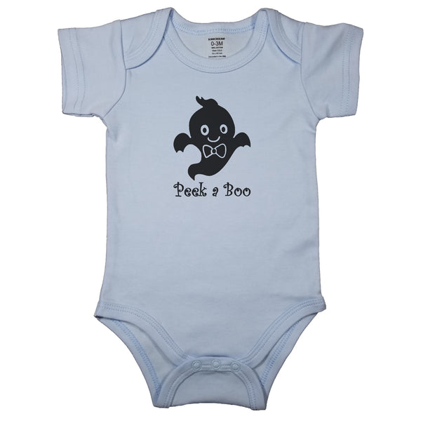 Baby blue newborn bodysuit with the text “Peek A Boo” and cute ghost image.