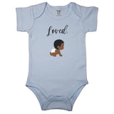 Baby blue baby bodysuit with "Loved." in cursive and a drawing of a cute curly haired baby in diapers.