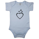 Baby blue newborn bodysuit with heart icon and Persian calligraphy which translate to “Love”. Short sleeve baby clothes with the word “Love” in Farsi