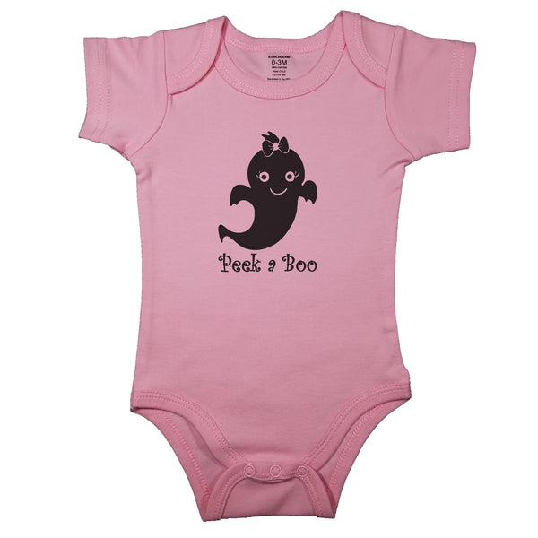 Pink newborn bodysuit with the text “Peek A Boo” and cute ghost girl.