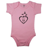 Pink newborn bodysuit with Persian calligraphy combined with heart outline. Short sleeve baby clothes with “Loved by Dad” in Farsi.