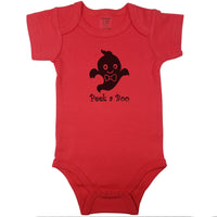 Red newborn bodysuit with the text “Peek A Boo” and cute ghost image