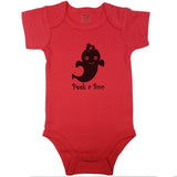 Red newborn bodysuit with the text “Peek A Boo” and cute ghost girl.