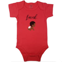 Red baby bodysuit with "Loved." in cursive and a drawing of a cute curly haired baby in diapers.