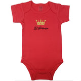 Red infant bodysuit with golden crown and “El Príncipe” in cute font. Spanish newborn bodysuit with short sleeves.