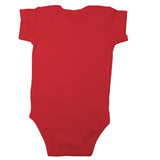 Back of red short sleeve baby bodysuit